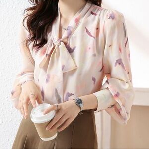 YesStyle Pastel Floral Blouse with Bow